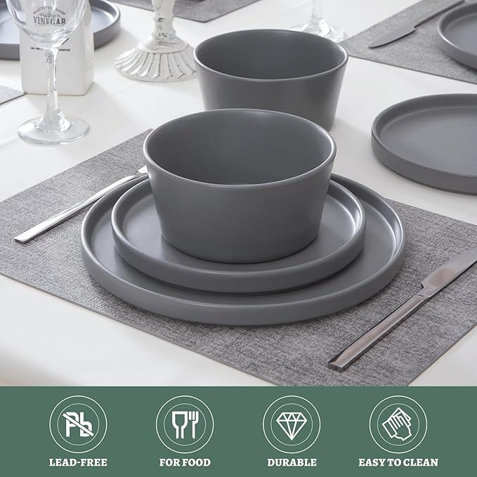 Asrug 12-Piece Plates and Bowls Sets,Ceramic Dinnerware Sets for 4, Chip Resistant and Scratch Dish Set, Dining Dinner Porcelain Dishware, Microwave and Dishwasher Safe (Gray)