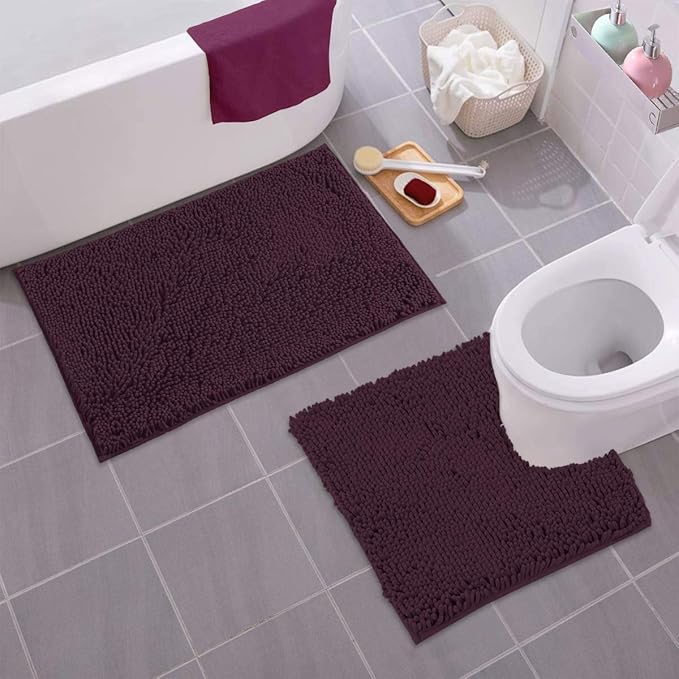 LuxUrux Bathroom Rugs Sets 2 Piece: Quick Dry, Soft Plush Anti-Slip, Super Absorbent. Includes Rectangular (31x20 inches) & U-Shaped Toilet Mat (20x20 inches) | Plum