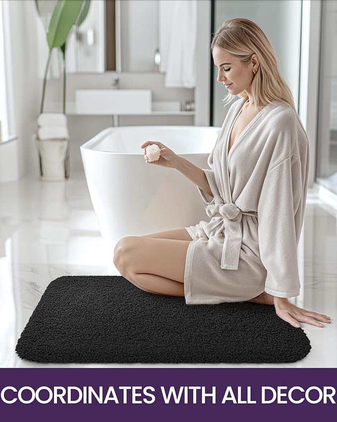DEXI Bathroom Rug Mat 24x16, Extra Soft and Absorbent Bath Rugs, Washable Non-Slip Thick Carpet Mat for Shower Floor, Tub, Black