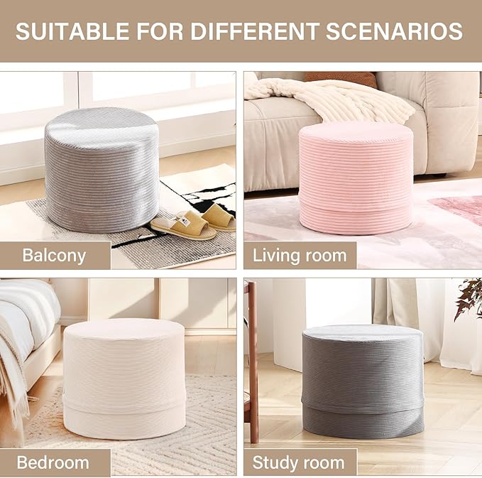 LITA Round Stuffed Pouf Ottoman, Velvet Poufs with High-Density Foam Filling and Washable Cover, Furry and Fluffy Bean Bag Foot Stools Ottoman for Living Room, Bedroom, Office, Grey