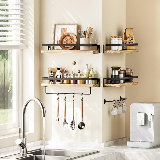 AMADA HOMEFURNISHING Bathroom Shelves with Towel Bar, Floating Shelves, Wall Shelves for Bathroom/Living Room/Kitchen/Bedroom, Light Brown Shelves Set of 2 - AMFS01