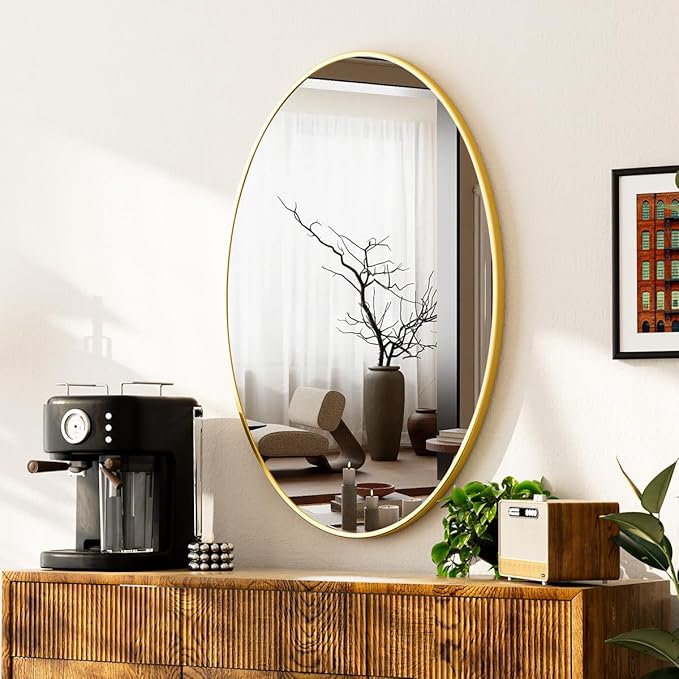 Gold Oval Bathroom Mirror, 26 x 38 inch Modern Oval Wall Mounted Vanity Mirror with Tempered Glass Hanging Horizontally or Vertically, Gold