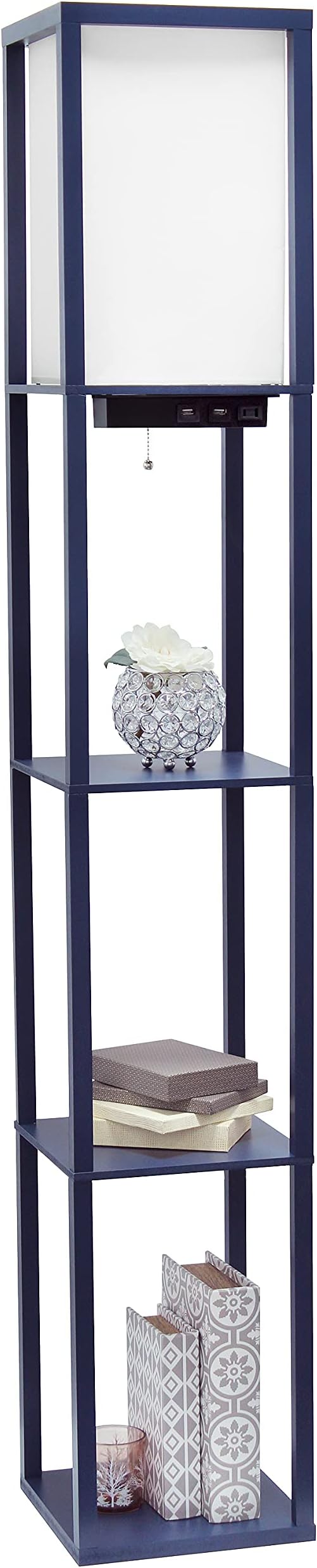 Simple Designs LF1037-NAV Floor Lamp Etagere Organizer Storage Shelf with 2 USB Charging Ports, 1 Charging Outlet and Linen Shade, Navy Blue