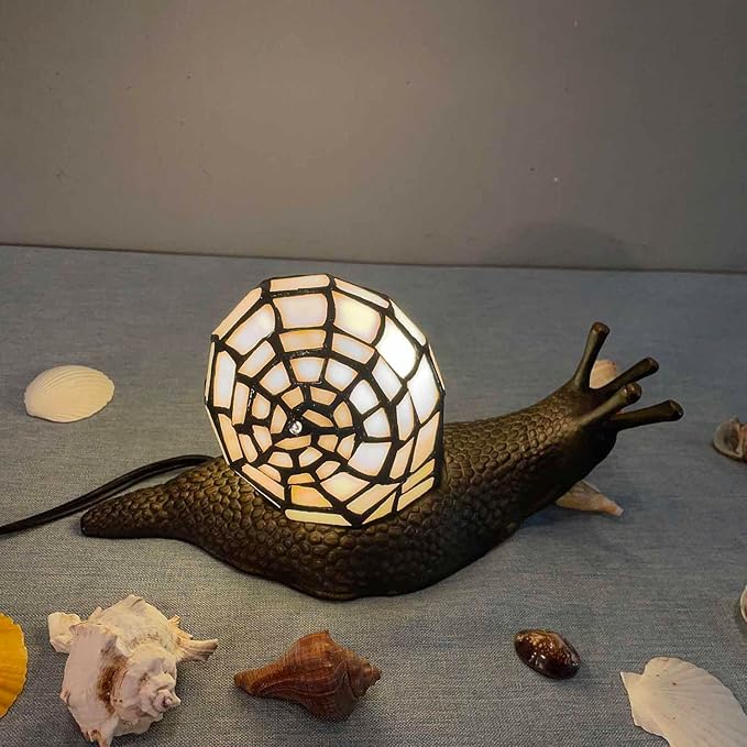 Bieye L10988 Land Snail Tiffany Style Stained Glass Accent Table Lamp for Home Decor (White, 10" D x 5" W x 5" H)