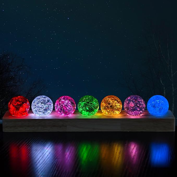 40mm 7 Colors Ice Cracked Glass Crystal Chakra Balls with LED Wooden Base Decorative Ornaments for Home Living Room, Night Sphere as Night Light Decoration and Healing Sphere