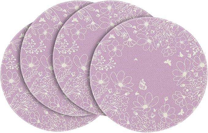 Artoid Mode Purple Flowers Floral Butterflies Spring Round Placemats Set of 4, 14 Inch Seasonal Round Table Mats for Dining Decoration
