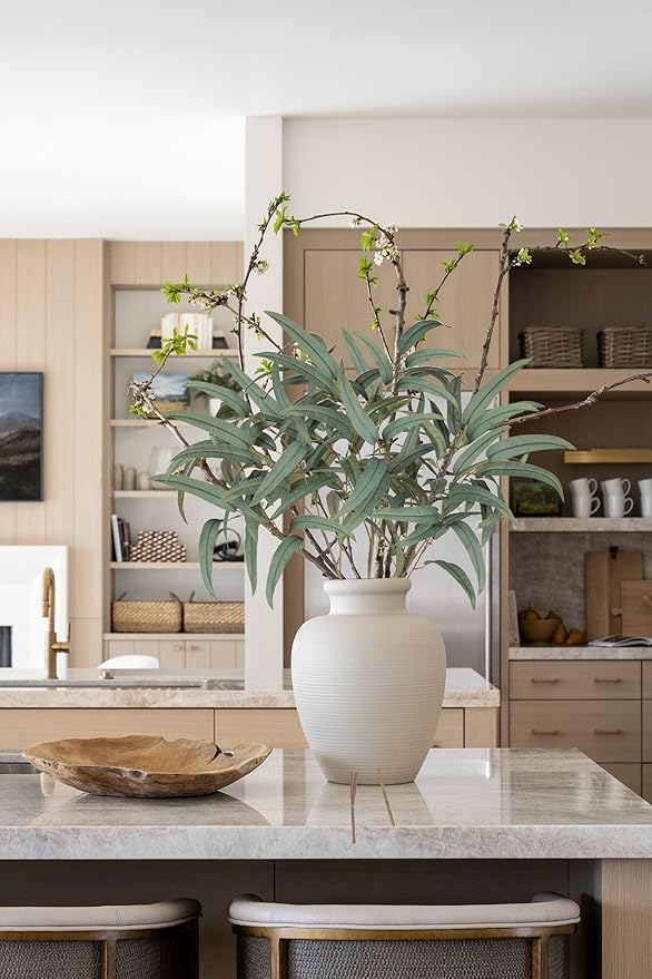 Briful Artificial Eucalyptus Willow Branches 33'' Tall Gray Fake Eucalyptus Stems Arrangement, Realistic Faux Greenery Stems, Indoor Plant, Home Housewarming Farmhouse Porch Vase Decor, Set of 3
