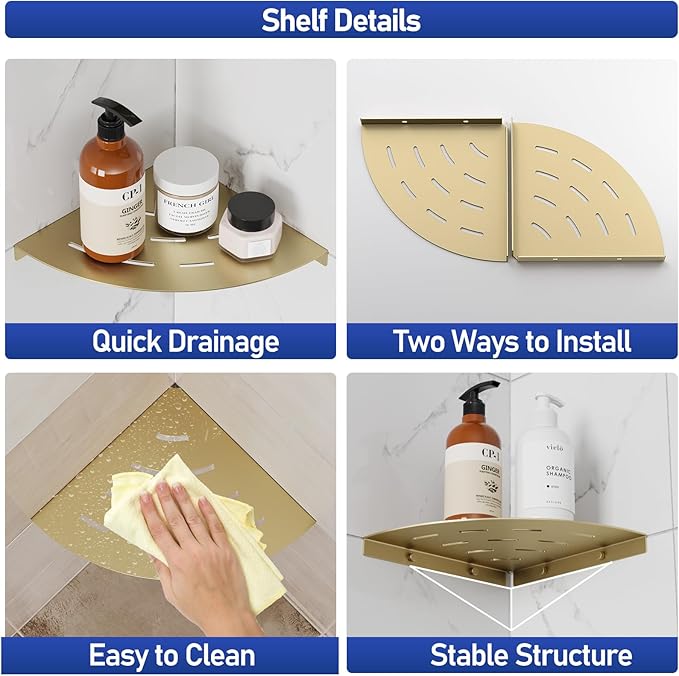 2 Pack Corner Shower Shelves 304 Stainless Steel Brushed Gold Corner Shower Shelf Quick Drainage 8 in Drilling Installation
