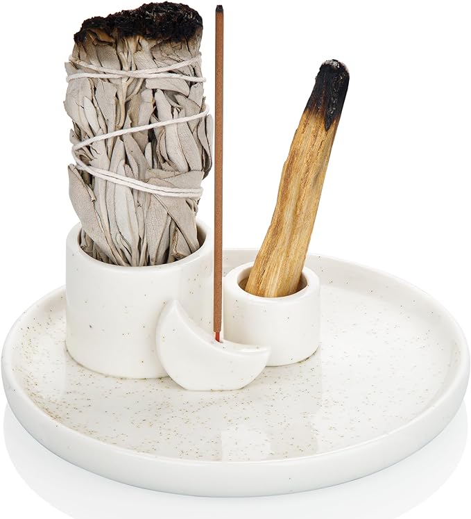 ZenBless 4 in 1 Incense Burner Holder, Palo Santo Holder, Sage Holder for Burning, Incense Holder for Sticks, Candle Holder, Ceramic Ash Catcher Tray for Meditation Yoga Room Home Decor (White)