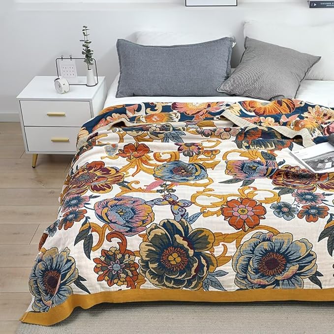 Boho Throw Blankets for Bed Couch, 100% Soft Cozy Cotton Throw Blanket Boho 80"x90",Lightweight Reversible Muslin Blanket Decor Blankets for Armchair Travel