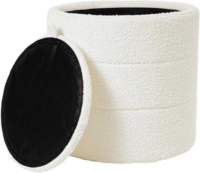 HomePop Storage Round Ottoman with Removable Lid Home Décor|Upholstered Round Foot Rest Ottoman - Cream Boucle