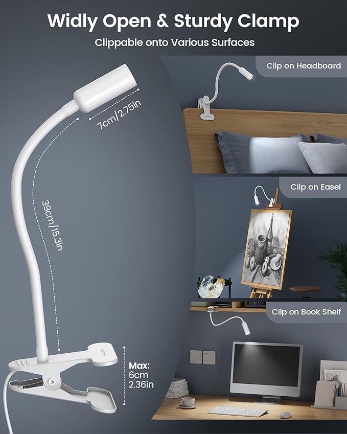 Glocusent Clip on Light: 10 Brightness Levels from 20 to 180LM LED Reading Light with Clamp and Flexible Gooseneck - Eye Caring Book Lights for Reading at Night, Clip on Desk Bed Headboard