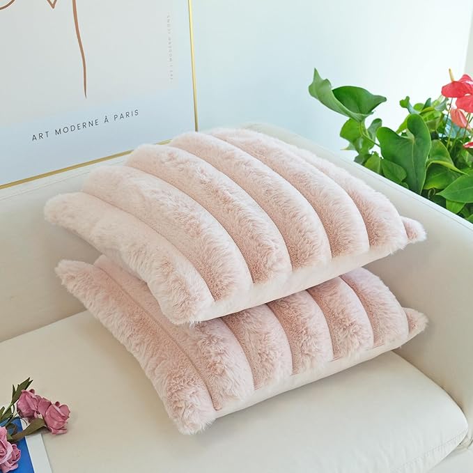 JOJUSIS Pack of 2 Faux Fur Plush Decorative Throw Pillow Covers Couch Cushion Case Soft Fluffy Pillowcases Wide Stripe (Pink, 20 x 20 Inch)