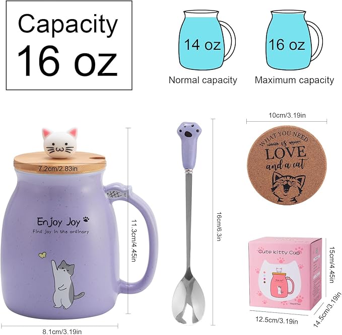 Cute Cat Cup Ceramic Coffee Mug with Kawaii Cat Wooden Lid, Lovely Stainless Steel Spoon, Anime Kitty Thicken Wooden Coaster, Christmas Birthday Cute Thing Japanese Mug 16oz (Purple)