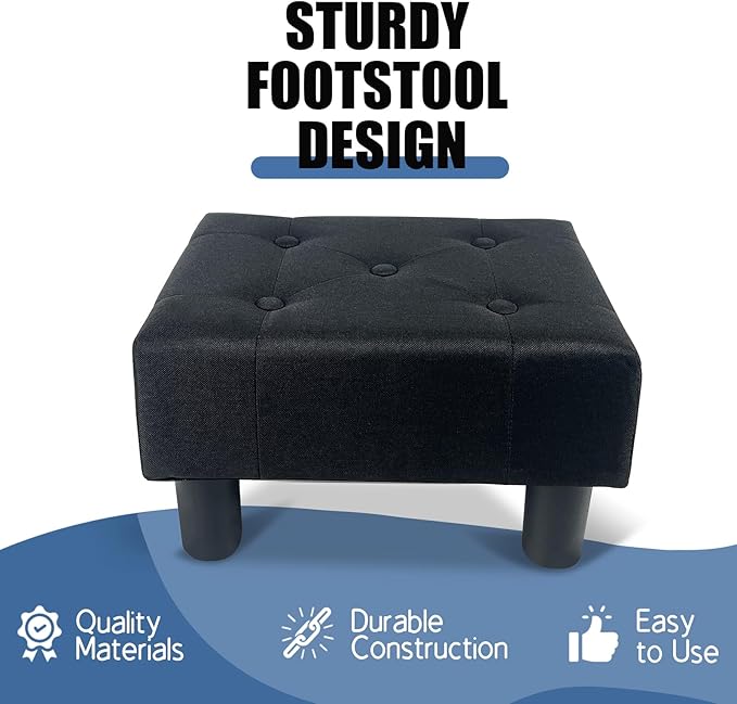 BRIAN & DANY Small Foot Stool, Linen Foot Stools with Legs, Stable Small Footstool for Living Room, Black
