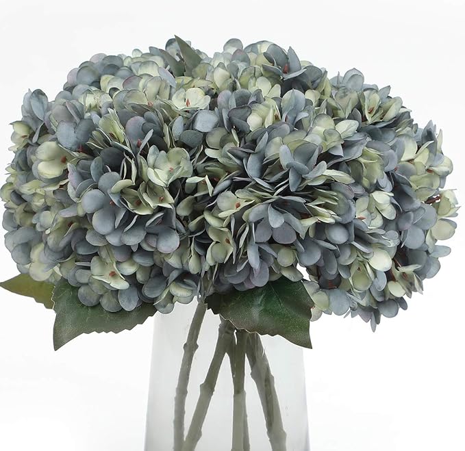 Kimura's Cabin Fake Flowers 6pcs Artificial Silk Hydrangea Flower Bouquets Faux Hydrangea Stems for Home Wedding Party Table Core Autumn Garden Halloween Decoration (Deep Lake Blue, Pack of 6)
