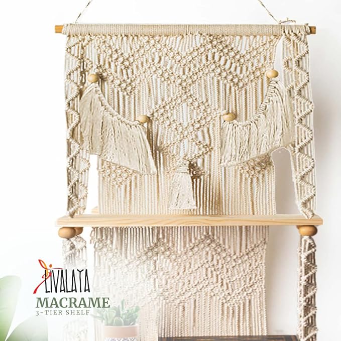 LIVALAYA 3 Tier Macrame Wall Hanging Shelf for Boho Hanging Wall Decor Shelves for Bedroom Bathroom, Nursery Bohemian Shelf for Cute Indoor Plants, Farmhouse Woven Rope Picture Holders