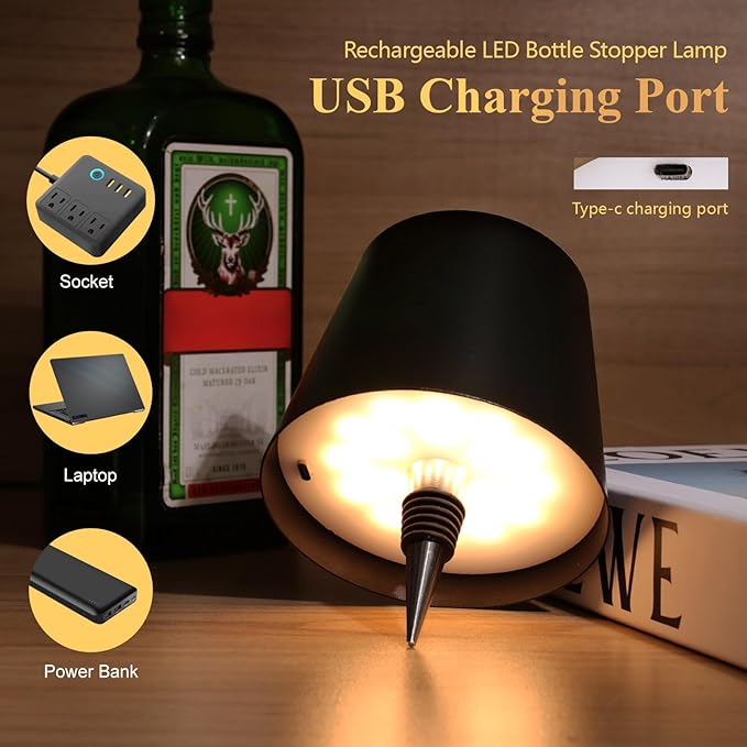 Wireless Bottle Lamp, 2025 New 3 Color Rechargeable Wine Bottle Lights, Bottle Lamp Shade with Touch Dimming for Bedroom, Bar, Restaurants and Outdoor Use (Black)
