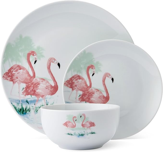 Studio Nova Flamingo Haven Tropical 12 Piece Dinnerware Plate Bowl Set, Service for 4