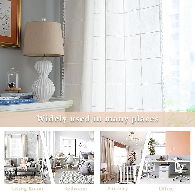 ColorBird White Window Curtains, 2 Panels 63 Inch Farmhouse Window Curtains for Living Room, Embroidery Lattice Linen Darkening Curtain for Dining Bedroom