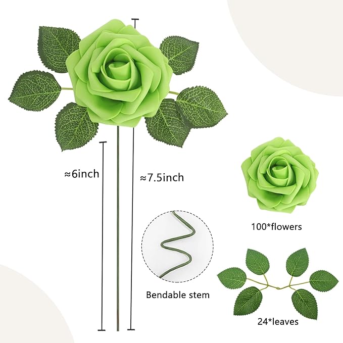 100Pcs Green Artificial Flowers Roses Real Looking Foam Fake Roses with Leaves for DIY Wedding Bouquets Bridal Shower Centerpieces Party Decorations (Green, 100)