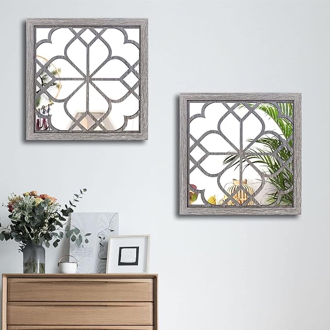 Wocred 2 PCS Square Wall Mirror,Gorgeous Rustic Farmhouse Accent Mirror,Barn Wood Color Entry Mirror for Bathroom Renovation,Bedrooms,Living Rooms and More(16”x16”)