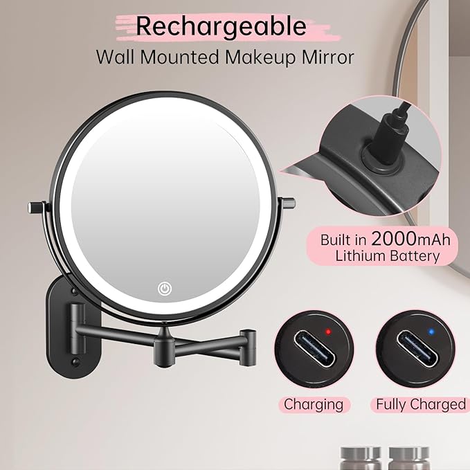 FUNTOUCH Rechargeable Wall Mounted Lighted Makeup Vanity Mirror 8 Inch Double Sided 1X 10X Magnifying Bathroom Mirror, 3 Color Lighting, Touch Dimming, Extended Arm 360 Rotation Light up Mirror Black