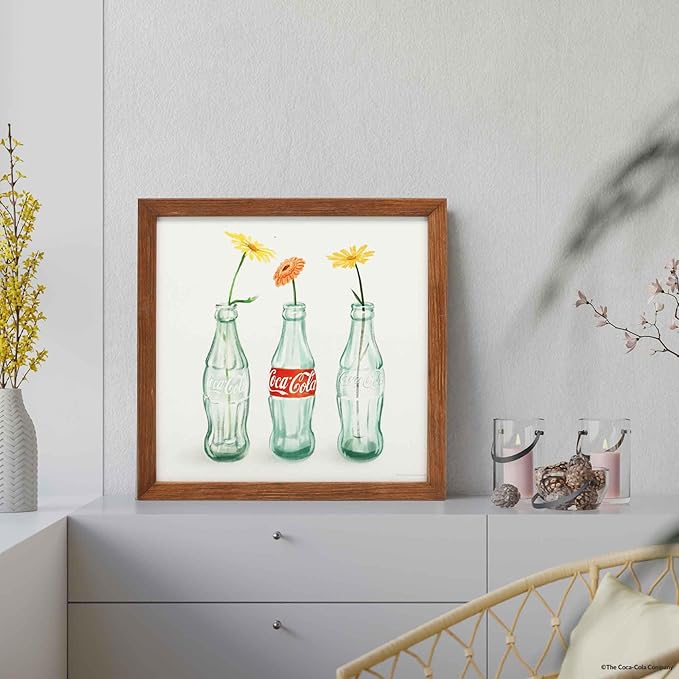 Coca-Cola Bottles With Flowers Framed Wood Wall Decor - Vintage Coca-Cola Wall Art for Kitchen, Dining Room, or Living Room