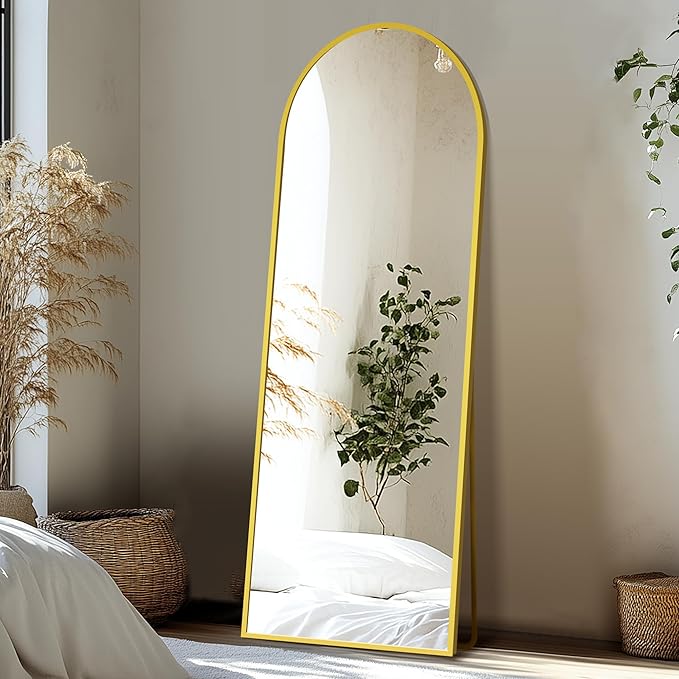 Delma Wall Mirror Full Length Mirror,Standing Mirror Full Body,Large Floor Mirror for Wall Door Bedroom Bathroom Living Room with Aluminium Frame(with Stand,Arch 56x20-Gold)