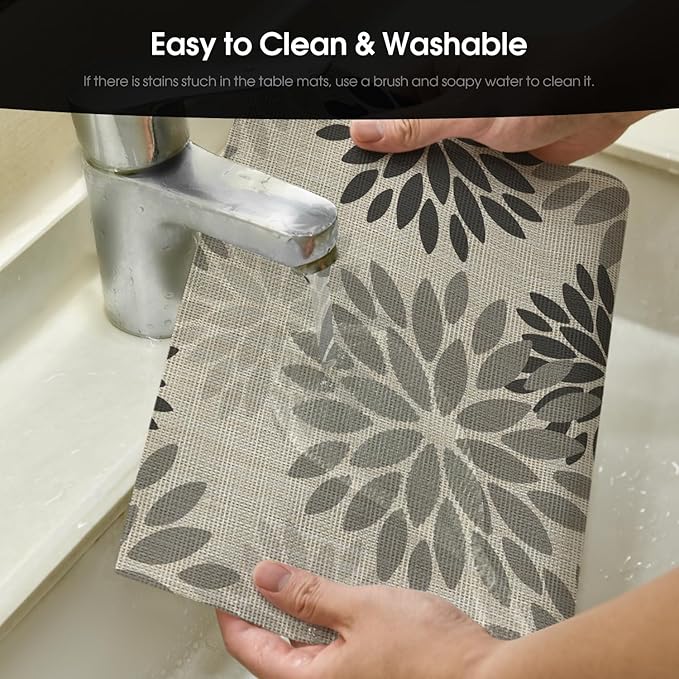 Artoid Mode Floral Vinyl Placemats Set of 4, 12x18 Inch Wipeable Non-Slip PVC Place Mats for Party Kitchen Dining Decor, Grey