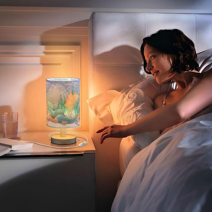 Table Lamp Watercolor Mermaid Girl Seahorse Fish Coral Ocean Sandy Sunshine Nightstand Lamp with Wood Base Fabric Lamp Shade Bedside Desk Lamp for Living Room Bedroom Kids Room Office