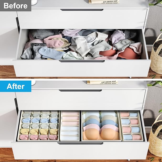 Foldable Underwear and Sock Organizer - Divider Fabric Dresser Drawer Organizer for Socks, Bra, Underwear, Tie, 8 Pack, Beige