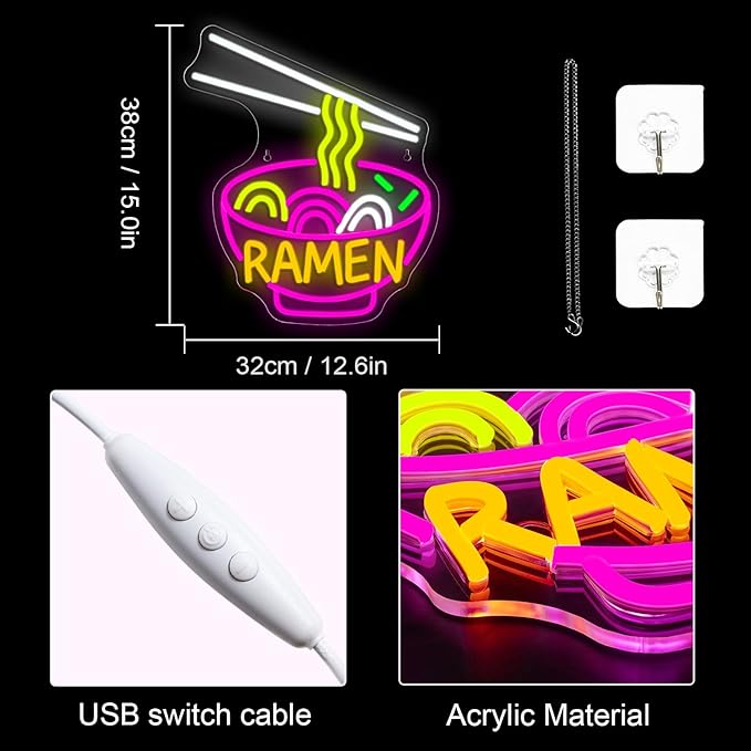 Lucunstar Ramen Neon Sign Colorful Neon Signs Noodle LED Sign Neon Signs for Wall Decor Pink Neon Lights for Party Neon Light Sign for Fast Food Kitchen Restaurants Bar Ramen LED Light Sign