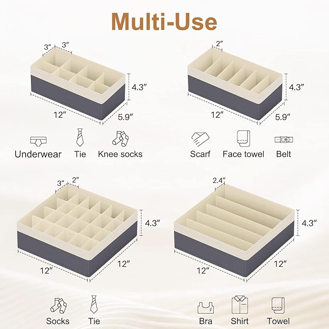 Drawer Organizer Divider, Foldable Closet Storage Organizer Basket, and Fabric Organization Bins for Clothes, Socks, Underwear, Bras, Ties, Accessories, 4 Pcs (Beige & Dark Grey)