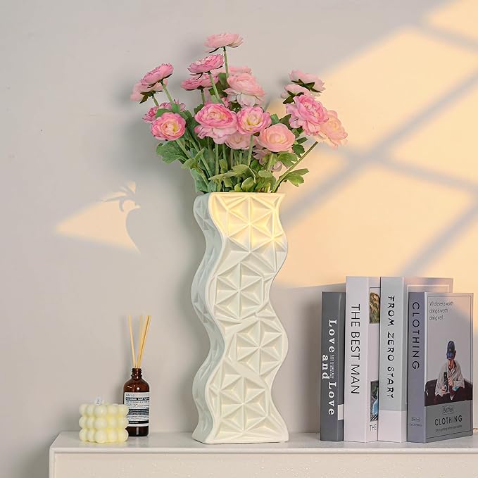 Modern White Ceramic Tall Vase, 15.94" Decorative Centerpiece for Living Room, Shelf, Table - Minimalist Twisted Design, Home Decor Flower Vase for Creative Displays