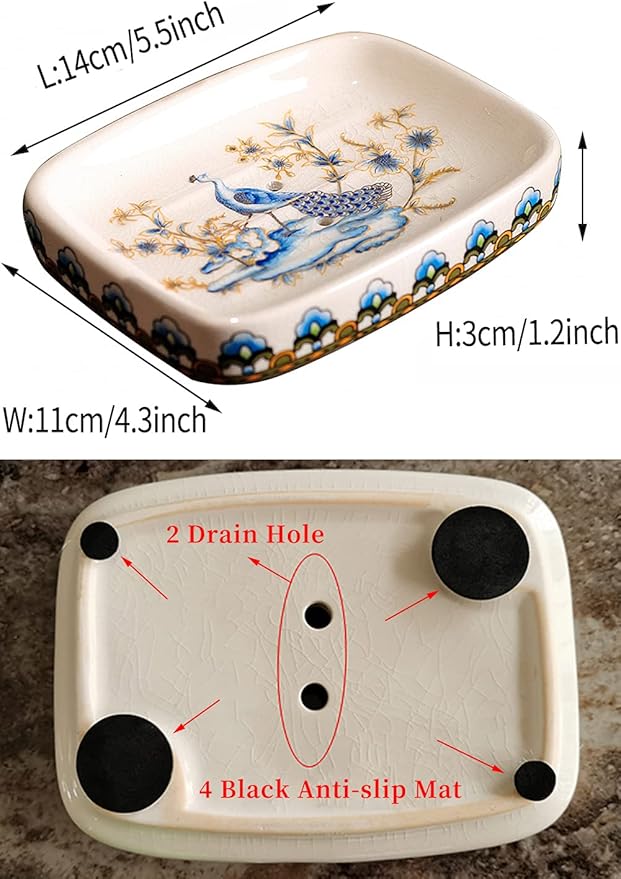 Ceramic Soap Dish Creative Ice Crack Ceramic Peacock and Flower Pattern Soap Dish Holder for Bathroom and Shower Soap Tray Box with Drain Gift for Mum Family