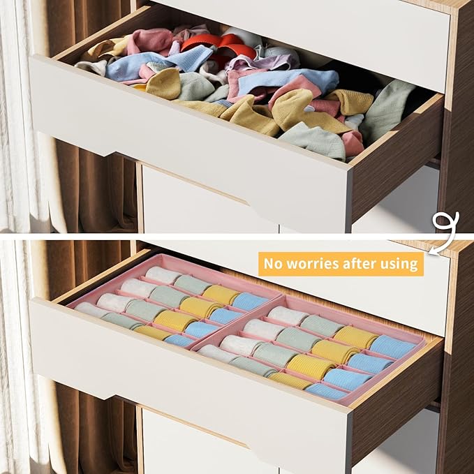 Joyoldelf Sock Drawer Organizer Divider, 16-Cell Underwear Organizers and Storage Fabric Drawer Organizer for Socks, Lingerie, Ties, 2 Packs Pink