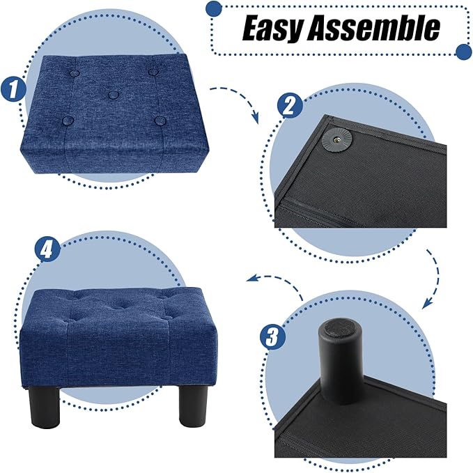 BRIAN & DANY Small Foot Stool, Linen Foot Stools with Legs, Stable Small Footstool for Living Room, Blue