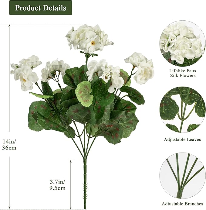 4PCS Home Decor Fake Plants Artificial Flowers Artificial Geraniums Outdoor Fake Flowers Artificial Flowers Fake Silk Bouquet, Fall Decor for Interior Porch Garden Decoration 14.4" (White)