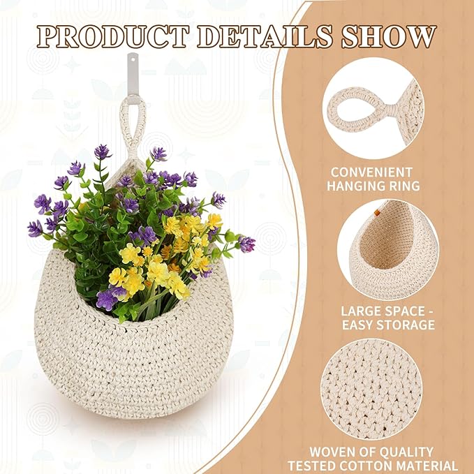 Hanging Fruit Baskets for Kitchen - 6 Pack Boho Wall Hanging Basket,Handwoven Wall Fruits Basket,for Garlic Potato Vegetable Onion Teardrop Home Hanging Storage Baskets(White Classic)