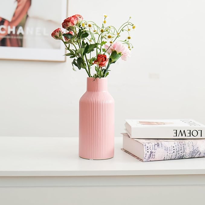 Pink Ceramic Flower Vase, Pampas Grass Small Vase for Decorating, Dining Table, Shelf Decor, Mantel, Entry Decor and Centerpieces, Minimalist Modern, Bohemian, Suitable for Any Style (8 in)