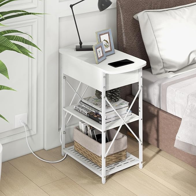 Narrow Side Table with Charging Station, End Table with 3 USB Ports and 2 AC Outlets, Flip Top End Table with Storage, White Side Tables Living Room, Nightstand with Drawer for Bedroom
