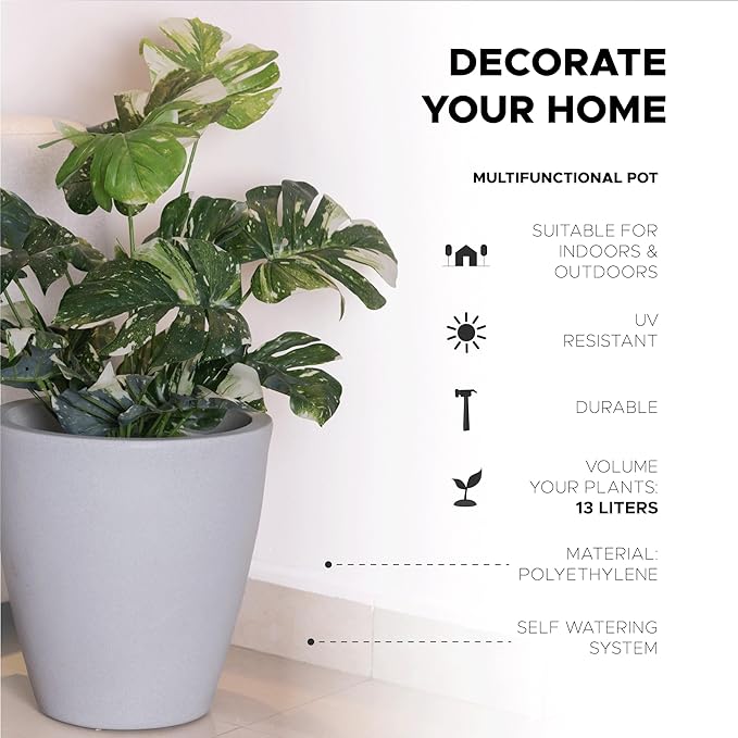 Elly Décor 12 inch Planter for Garden with Drainage, Large Round, Lightweight & Extremely Durable, Deck Indoor/Outdoor Plastic Pot, 12"x12"x7", Light Grey