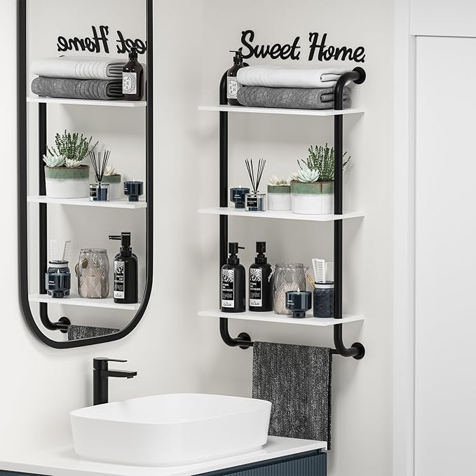 Wall Shelves 3-Tier, Bathroom Shelves Over Toilet, Rustic Industrial Pipe Shelves, Farmhouse Bathroom Decor, Floating Shelf Wall Decor for Bedroom, Living Room 17.3 inch, White