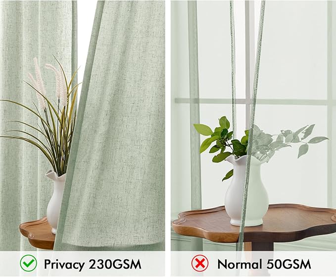 MIULEE Non-See-Through Privacy Linen Curtains 2 Panels, Sage Green Light Filtering Window Curtains 72 Inches Long, Farmhouse Textured Back Tab Semi Sheer Drapes for Bedroom Living Room, Light Green