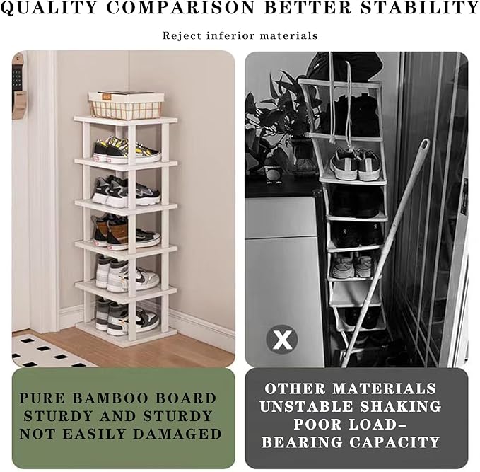 SAN HE 7-Tier Modern Bamboo Shoe Rack - Vertical, Slim, Space-Saving Shoe Organizer for Small Spaces, Closet, Entryway, Corner, Garage, Bedroom