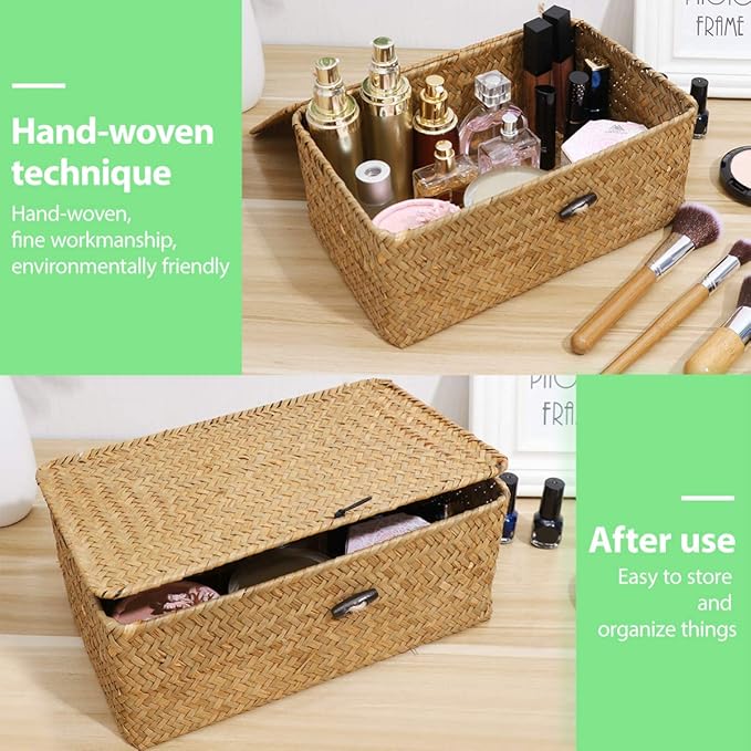 IMIKEYA Seaweed Baskets with Lids: Woven Baskets Seagrass Storage Woven Basket Straw Desktop Rattan Storage Basket Hand-Woven Storage Basket Organizer for Shelf Desktop Home Decor