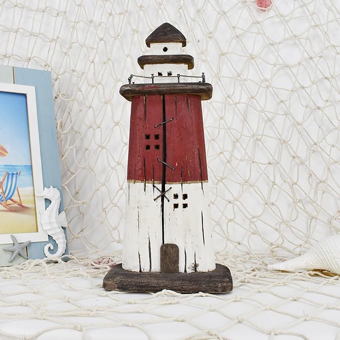 K KILIPES Beach Lighthouse for Bathroom Nautical Home Decor, 13" H Wood Light House Sculpture Tabletop Coastal Centerpiece Ocean Decorations