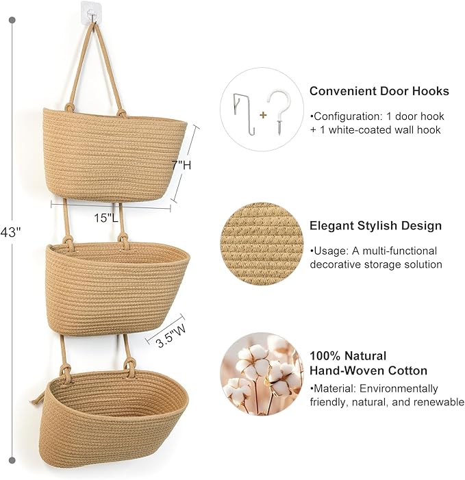 DULLEMELO Wall Baskets for Storage, 3-Tier Woven Cotton Hanging Baskets for Organizing, Jute Wall Hanging Baskets with Door Hooks, Over The Door Basket