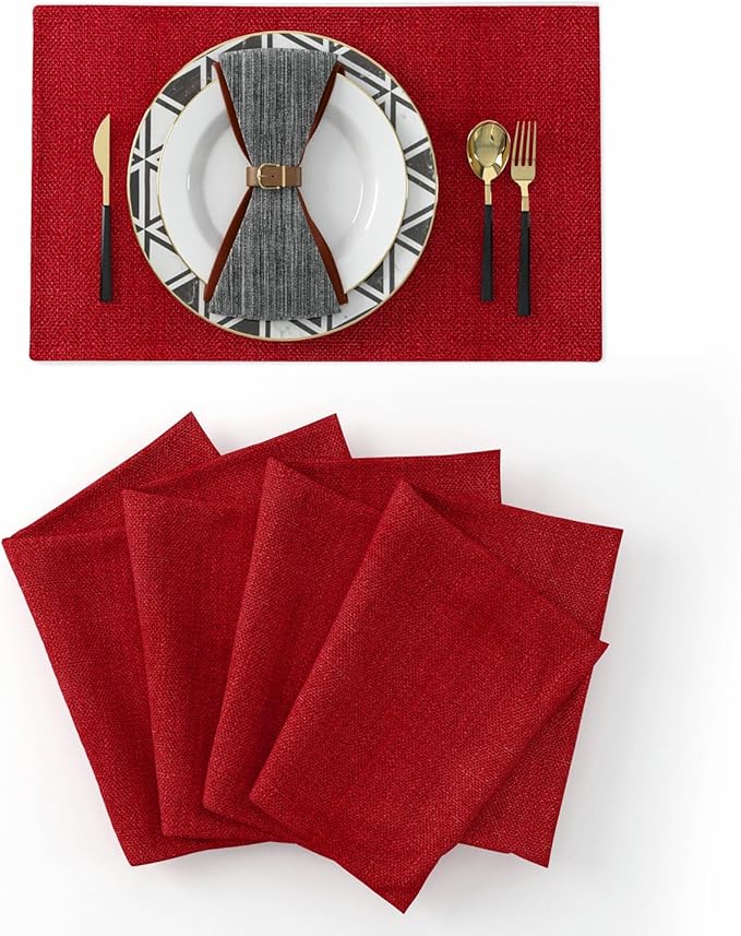 4 Piece Soft Caddice Faux Linen Place Mats Heat Resistant Dining Table Place Mats Kitchen Table Mats 12x18 Burgundy